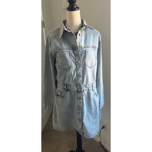 NWT ZARA Light Wash Denim Mini Long Sleeves Button Down Cotton Pocket Dress XXL - Picture 2 of 6